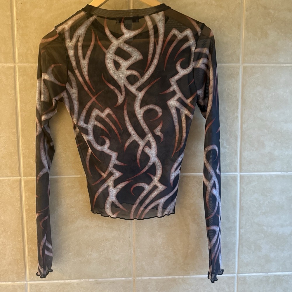 RSQ Black Tattoo Women Mesh Sheer Tee Top Love Always Burns Motorcycl Y2K Medium - Picture 10 of 11